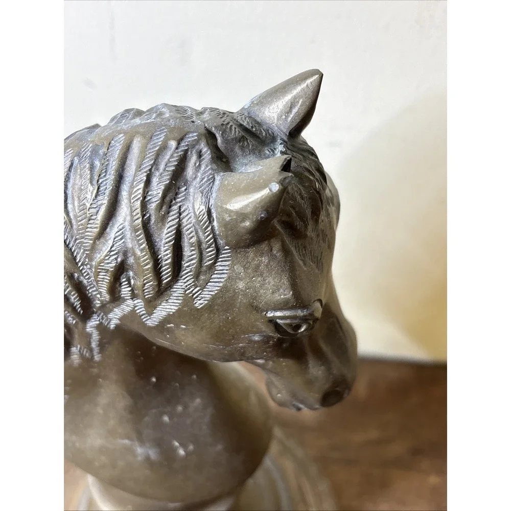 Brass Horse Head Figurine Bust Sculpture Display on Wood Base - AS IS